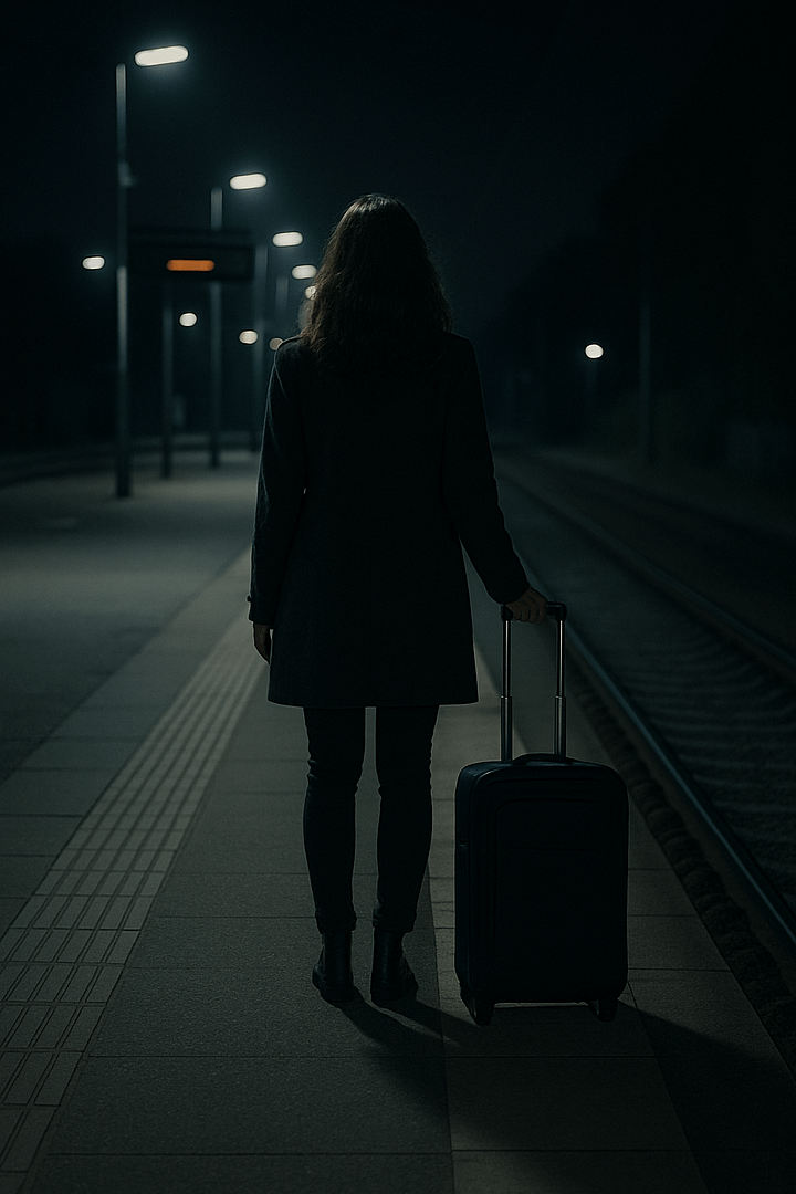 A young woman stands alone on a dimly lit train platform at night, holding a suitcase, symbolising fear, isolation, and uncertainty during witness protection